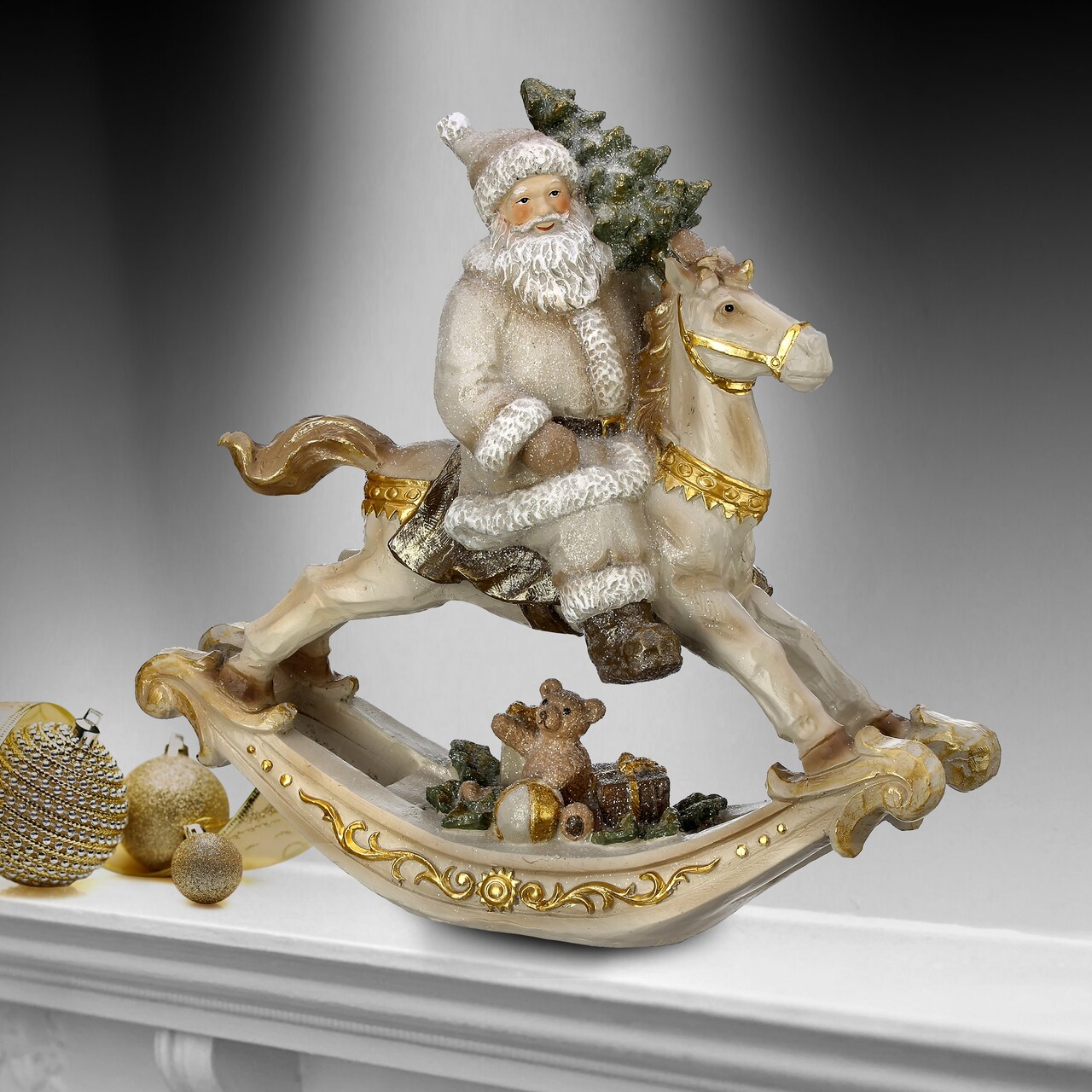 Contemporary Home Living 11.5" Beige and Gold Santa Rocking Horse Christmas Figurine